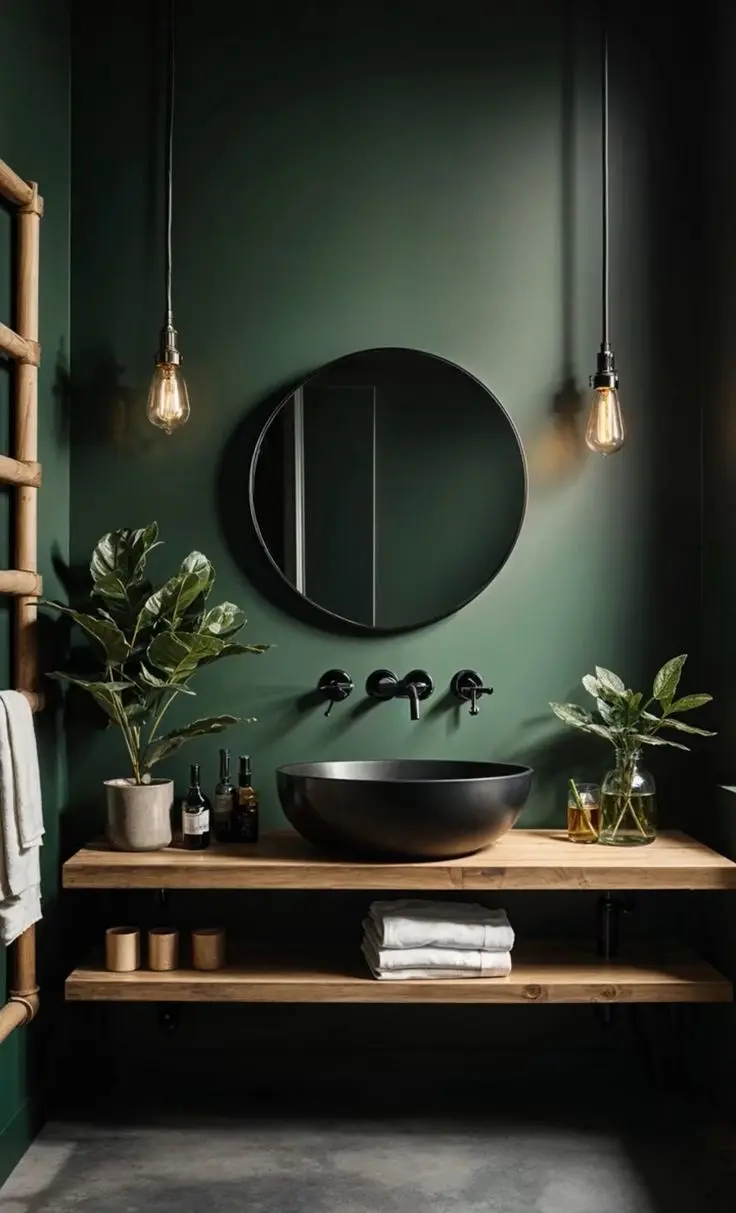 salle d'eau verte avec miroir